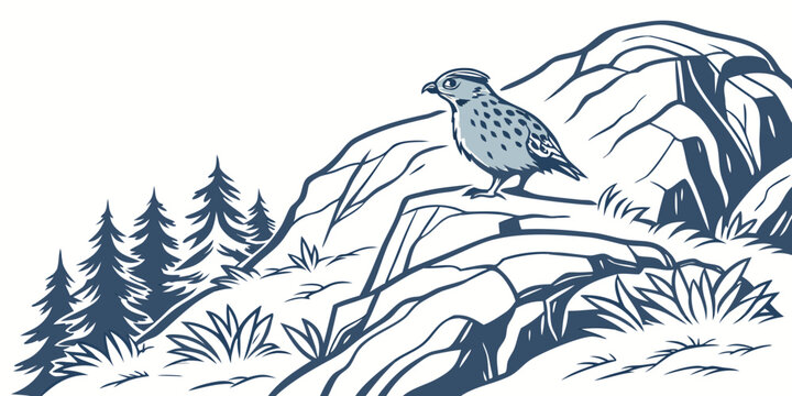 A bird perched on a snowy mountain with trees Vector