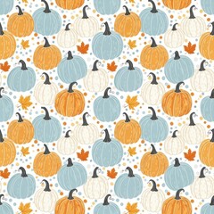 Fototapeta premium Autumn Pumpkin Pattern: A delightful pattern of pumpkins in varying shades of orange, blue and white with accompanying leaf motifs. Embrace the season's charm. 