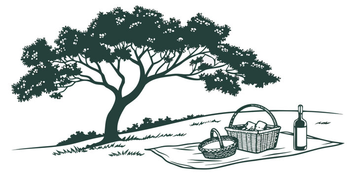 A tree next to a picnic setup Vector