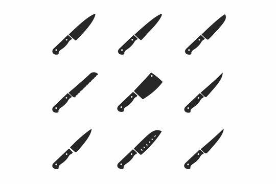 Collection of nine black kitchen knives on white background
