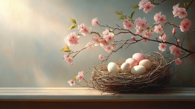 serene still life of a bird's nest with pastel and speckled eggs on a wooden sill beneath a blooming pink cherry blossom branch bathed in warm soft sunlight