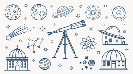 A comprehensive linear illustration depicting various elements of space exploration, astronomy, and cosmic phenomena, featuring planets, stars, telescopes, and celestial structures © GearUp