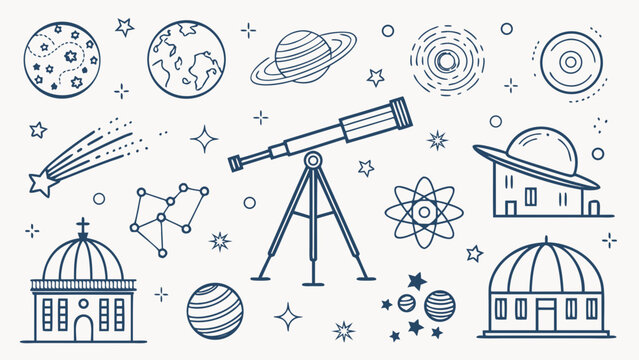 A comprehensive linear illustration depicting various elements of space exploration, astronomy, and cosmic phenomena, featuring planets, stars, telescopes, and celestial structures
