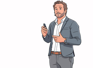 Naklejka premium A man stands in an office wearing a suit and holding a smartphone while sharing information with others during a meeting.