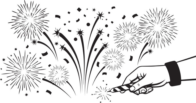 Hand holding sparkler with fireworks exploding in background illustration