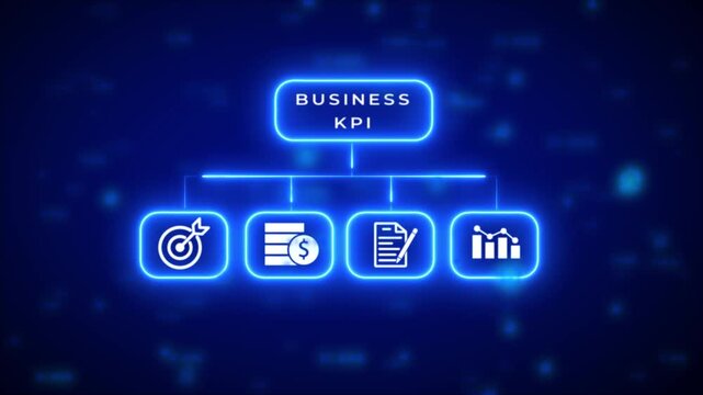 A striking blue neon flowchart illustrating Business KPI, featuring for goals, financial metrics, documentation, and performance analytics against a dark digital backdrop with scattered numerical