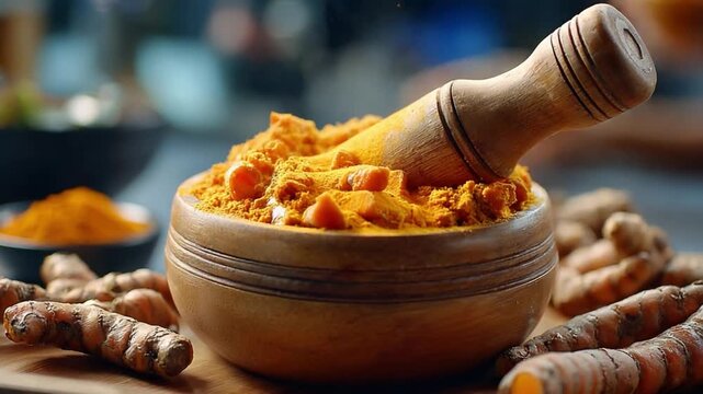 Turmeric in a Bowl: A vibrant composition of fresh turmeric roots and turmeric powder are nestled in a wooden bowl, complemented by a wooden pestle. This image is a celebration of flavor and wellness.