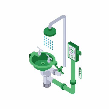 An isometric illustration of a green emergency eyewash station and shower unit with plumbing connections and a control panel.