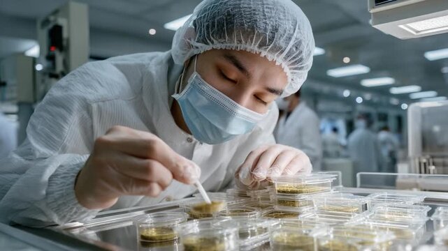 Scientist at Work: A diligent scientist, attired in a sterile lab coat and mask, meticulously conducts an experiment within a cutting-edge laboratory setting.
