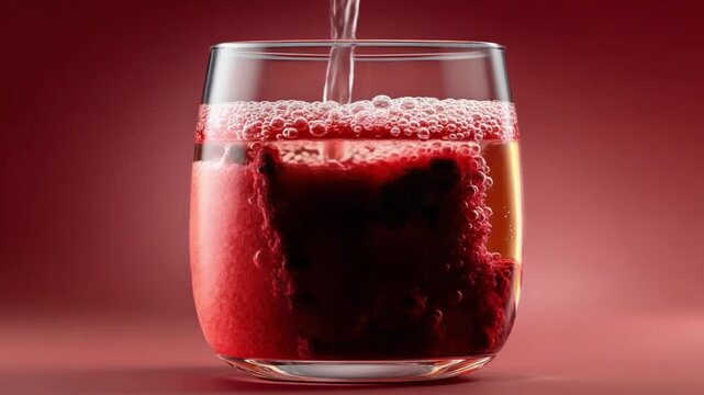 Refreshing Elixir: A vibrant red liquid, possibly a fruit-infused beverage, cascades into a crystal-clear glass, creating an effervescent display.