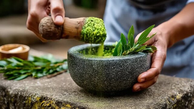 Culinary Alchemy: Hands meticulously grind fresh herbs in a mortar, transforming them into a vibrant pesto, embodying the essence of fresh, organic cuisine.