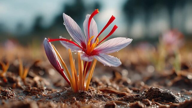 Vibrant Saffron Bloom: A close-up showcases a beautiful saffron flower with delicate purple petals, bright orange stigmas, and a hint of morning dew, a true testament to nature's artistry.