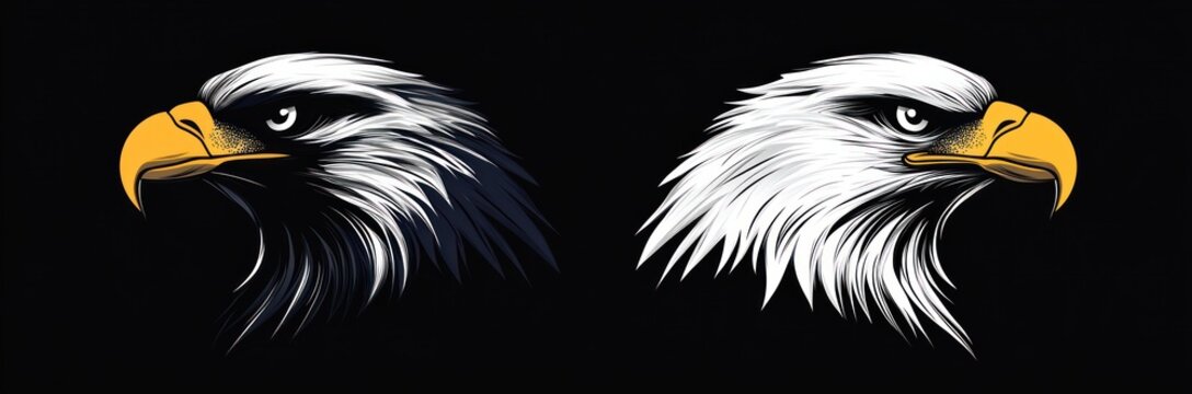 Two fierce stylized eagle heads with sharp yellow beaks, intense gaze and contrasting dark and light feathers on a black background