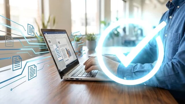 Digital Validation and Secure Data Flow on Laptop. Online Approval and Successful Task Completion with Glowing Checkmark.