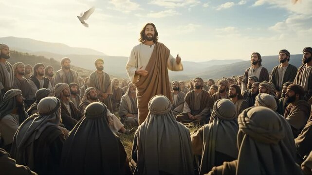 Jesus Christ delivering the Sermon on the Mount to his followers, symbolizing faith, teaching, and divine inspiration in religion and theology