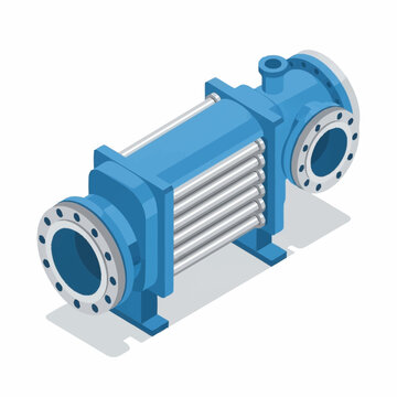 Isometric illustration of a blue shell and tube heat exchanger with multiple tubes and flanges.