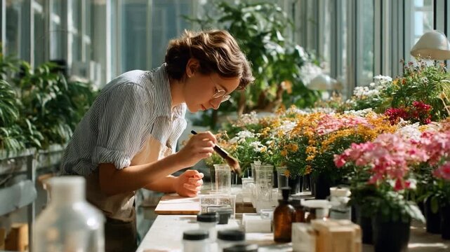 Botanist's Floral Research: An insightful botanist meticulously examines plant specimens in a vibrant, sunlit greenhouse, symbolizing scientific dedication and floral exploration.