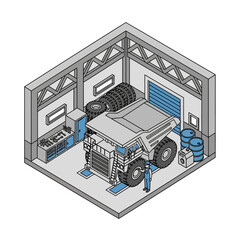 Isometric illustration of a large mining dump truck undergoing maintenance inside a workshop with spare tires and tools. © Sego