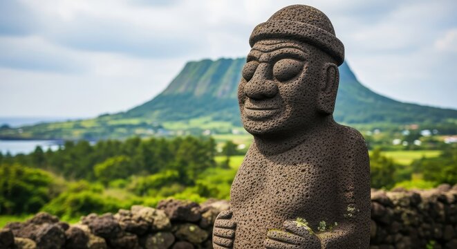 Stone Statue on Jeju Island with Seongsan Ilchulbong Peak.