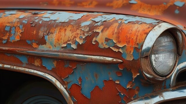 Close-up of a vintage car fender and headlight with peeling blue paint, orange rust and flaking chrome, evoking weathered decay and melancholic nostalgia