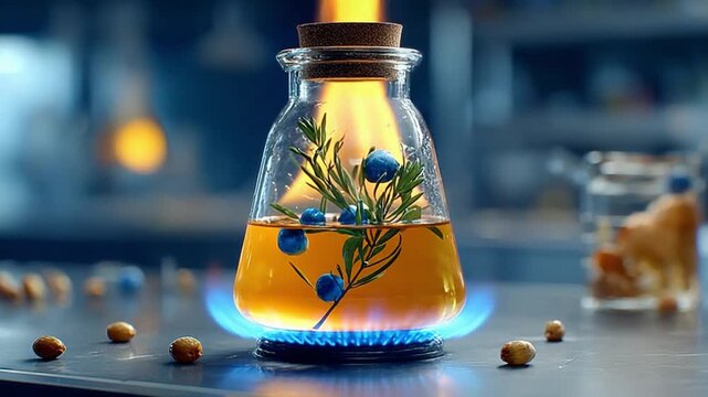 Culinary Infusion: A meticulously crafted glass jar, infused with herbs and berries, sits gracefully atop a gas flame. Capturing the art of culinary exploration.