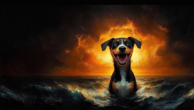 joyful tricolored dog chest-deep in stormy ocean waves with wet fur, smiling expression and a glowing fiery sunset halo against a dramatic cloud-filled sky