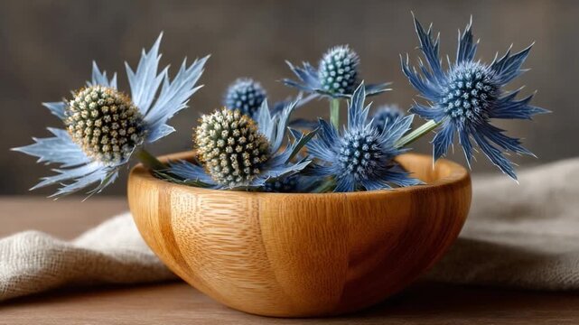 Sea Holly in wooden Bowl: Delicate sea holly blooms elegantly arranged in a rustic wooden bowl, showcasing their intricate, spiky forms and captivating blue hues.