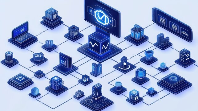 isometric glowing blue network of interconnected devices, servers, databases and dashboards conveying a futuristic, dynamic sense of digital connectivity and efficient data flow