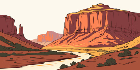 A red rock canyon with a river running through it Vector © RABBYMIA