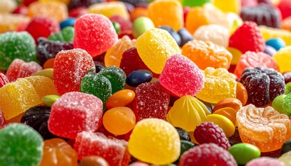 A cheerful candy stack with brightly colored sugar candies and a decorative layout.