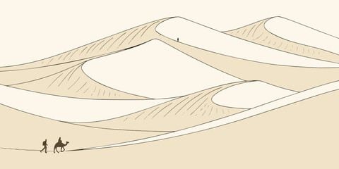 A drawing of a tent in the desert with mountains Vector © RABBYMIA