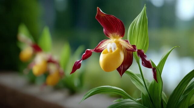 Orchid's delicate touch: Captured in soft focus, an elegant orchid unfolds, its vibrant petals of burgundy and yellow drawing the eye against a backdrop of tranquil foliage.