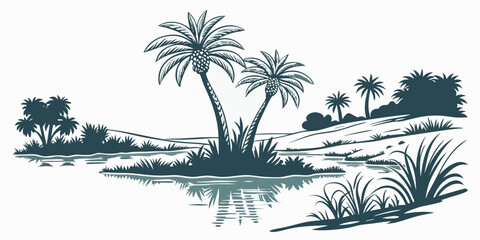 A serene landscape with palm trees and a body of water Vector © RABBYMIA