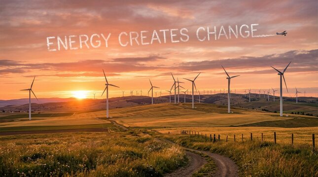 Wind farm generating clean energy with skywriting message