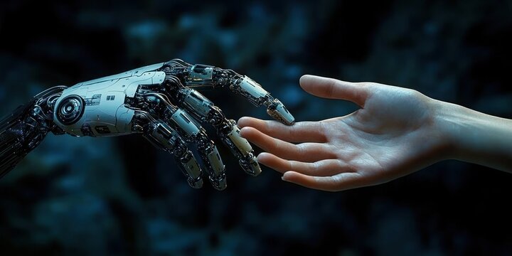 Human hand and intricate robotic hand reaching toward each other against a dark blue background, conveying curiosity, tenderness, and connection