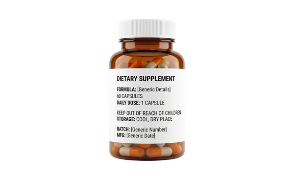 Amber glass bottle with supplement label isolated on transparent background