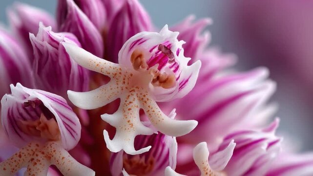 Orchid's Artistic Elegance: A close-up view unveils a captivating orchid in full bloom, showcasing its unique and intricate patterns, petals, and vibrant color palettes