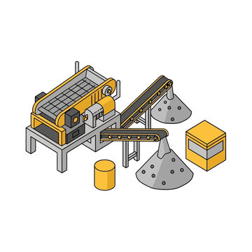 Isometric illustration of an industrial crushing and screening machine with conveyor belts and material piles.