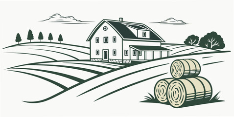 A farmhouse with hay bales in a rural landscape Vector © RABBYMIA