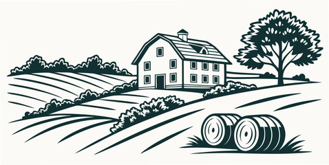 A house and tree on a farm with a hay bale Vector © RABBYMIA