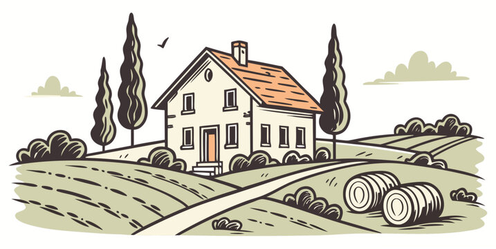 A house with an orange roof on a green field Vector