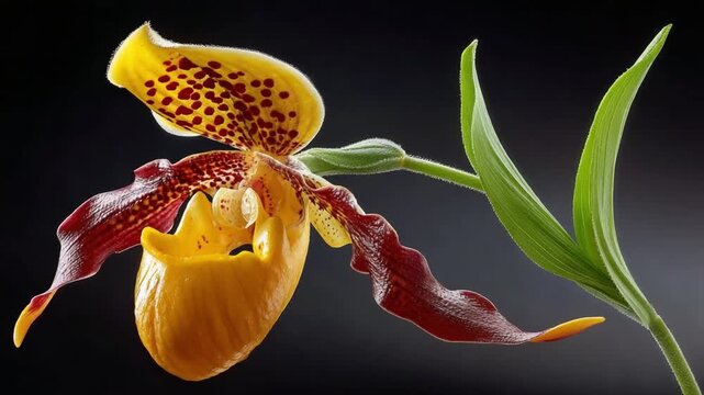 Paphiopedilum Orchid in Bloom: An exquisite Paphiopedilum orchid showcases its unique and captivating beauty, with vibrant colors and intricate patterns. 