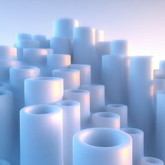 Obraz premium rows of hollow pastel blue cylinders of varying heights bathed in soft warm light, minimalist 3d scene evoking calm and surreal serenity