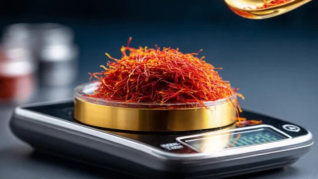 The Essence of Saffron: Capturing the meticulous measurement of vibrant saffron threads on a digital scale, a visual ode to the value and precision of culinary gold.