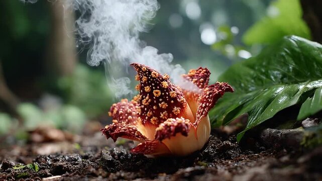Mysterious Blooming Bloom: A captivating close-up of a rare, exotic flower enveloped in a mystical cloud of smoke, highlighting nature's intricate beauty and the bloom's allure.