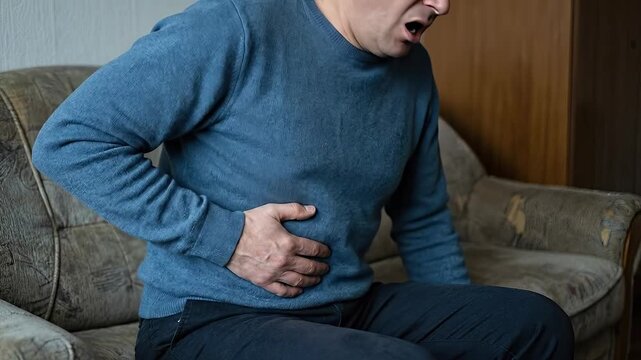 Man experiencing severe abdominal pain, clutching his right side with discomfort, indicative of gallbladder disease, an acute medical condition, digestive system illness, health problem at home
