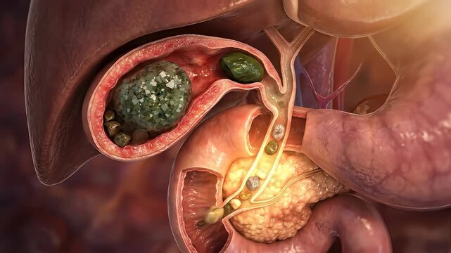 Understanding human internal gallbladder disease, showing numerous gallstones obstructing vital bile flow within the anatomical duct system, important medical condition