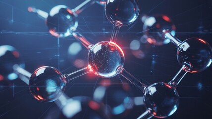 Abstract molecular structure glows with blue and red light in a scientific setting.