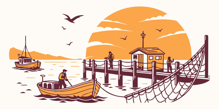 A boat is docked at a pier during sunset Vector