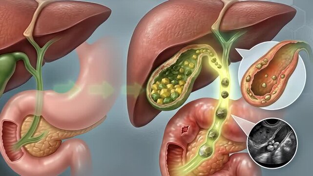 Gallbladder disease, cholelithiasis medical concept diagram, illustrating healthy and diseased organs, gallstones obstructing bile ducts, human digestive system anatomy